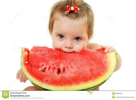 Cute Little Girl Eat Watermelon Slice Stock Photo Image