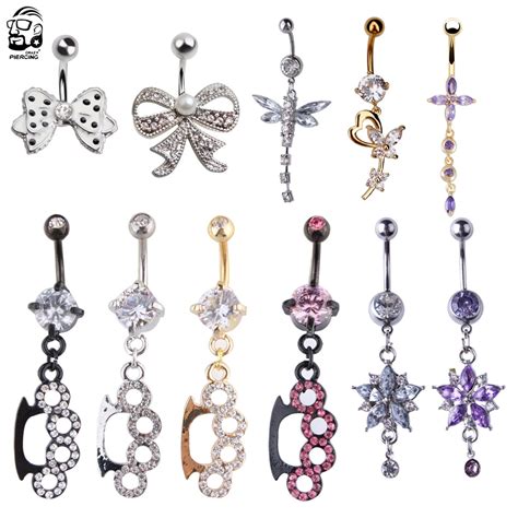 Butterfly Bow Dangled Navel Ring Piercing 14G Flower Heart Crystal CZs