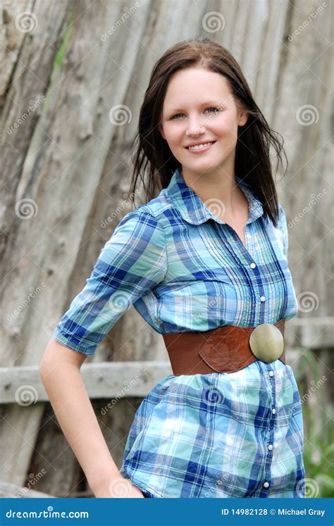 Young Country Woman With Wooden Fence Stock Photo Image Of Barn