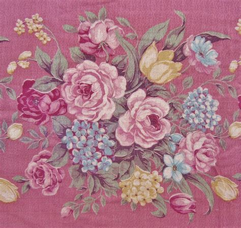Of YARDS Of Vintage Dusty Rose Barkcloth Fabric Cabbage Roses Tulips Flowers Floral Bouquets
