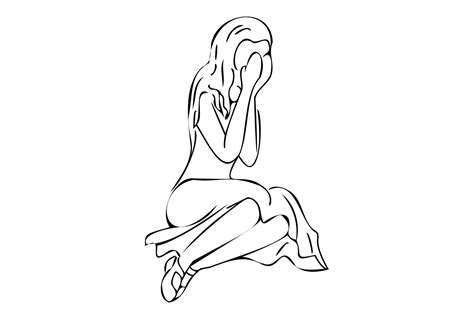 Crying Girl Outline Vector Illustration Sad Girl Sitting On The Floor With Skirt Holding Her
