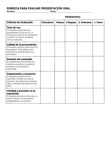 Rubrica Para Evaluar Una Presentaci N Tecnicas De Ense Anza R Bricas