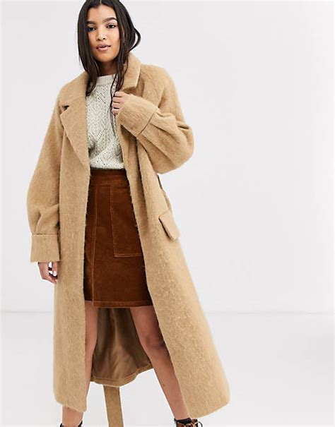 Asos Design Brushed Belted Coat In Camel Asos