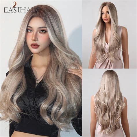 easihair platinum blonde ombre synthetic wigs long water wave middle part natural hair wig for