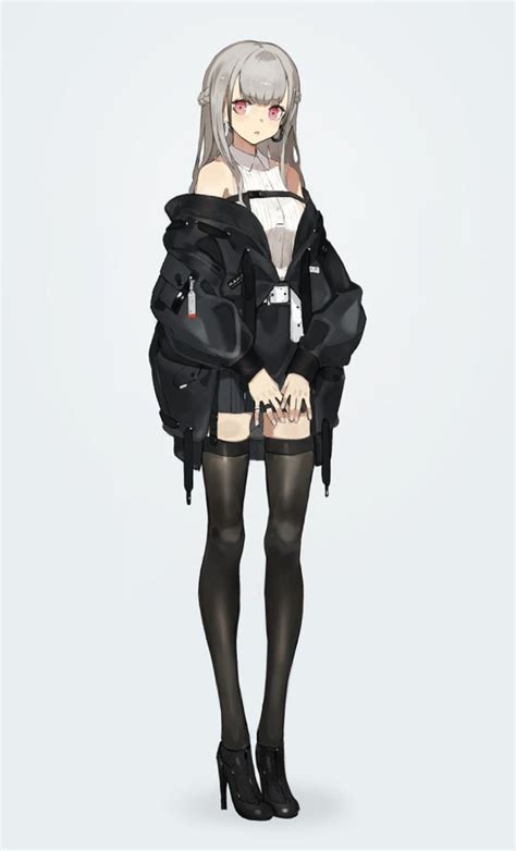 An Anime Girl With White Hair And Black Stockings Standing In Front Of A White Background