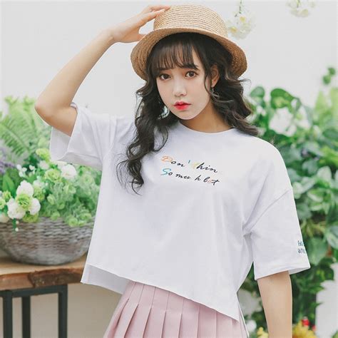 2018 Spring Summer New Harajuku Ulzzang Letter Embroidery Loose T Shirt Female Korean Kawaii