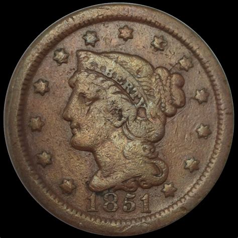 1851 Us 1¢ Liberty Head Braided Hair Large Cent F
