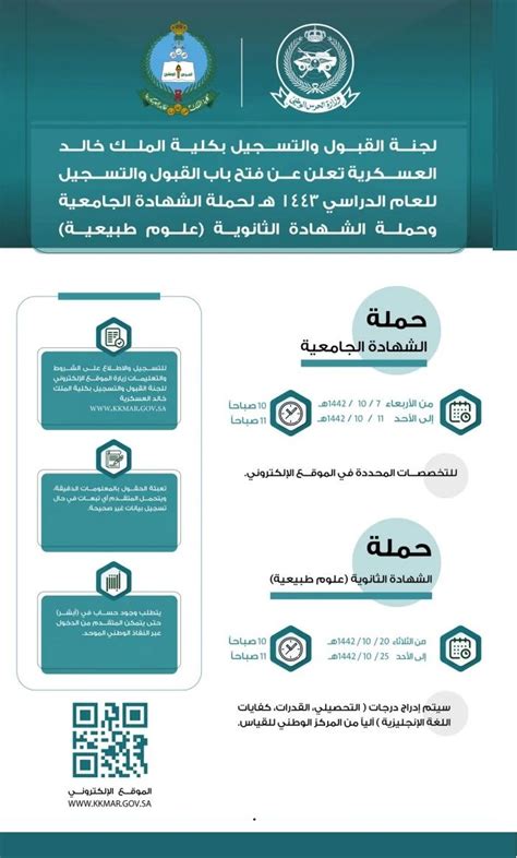 تم فتح تطبيق كلية الملك خالد العسكرية للراغبين في الالتحاق من خريجي الثانوية العامة ، من خلال رابط بوابة التسجيل الرسمية قالت لجنة القبول والالتحاق بكلية الملك خالد العسكرية التابعة لوزارة الحرس الوطني السعودي ، إن بدء رصد رغبات طلاب المرحلة الثانوية. موعد وشروط التقديم والتسجيل في كلية الملك خالد العسكرية ...