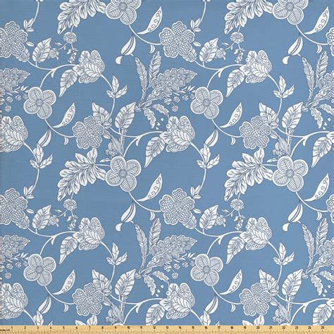 Blue And White Fabric By The Yard Illustration Flourishing Garden Flowers Pattern In Vintage