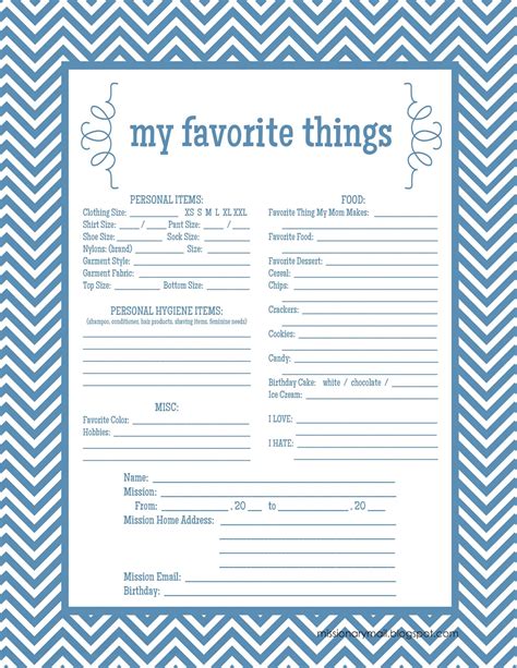 Missionary Mail My Favorite Things Printable