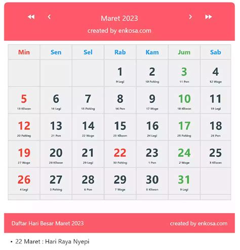 Kalender Bulan Maret 2023 Lengkap