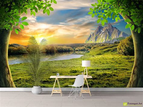 Nature Wallpaper And Wall Murals Trees Mountains Sunrise Wall Mural