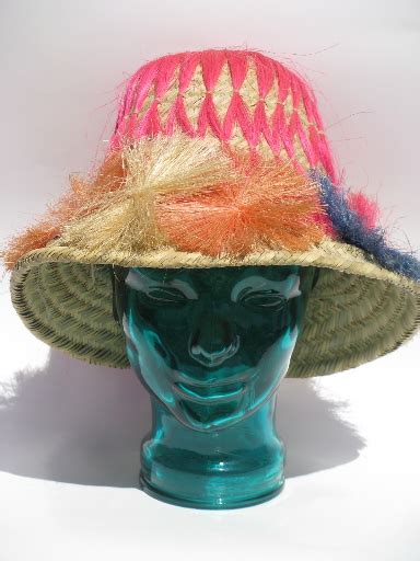 Retro Vintage Straw Beach Bum Hat Tropical Flowers Tiki Bar Style