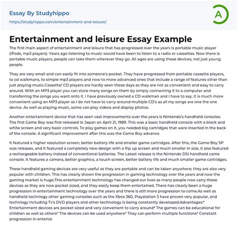 Entertainment And Leisure Essay Example Studyhippo