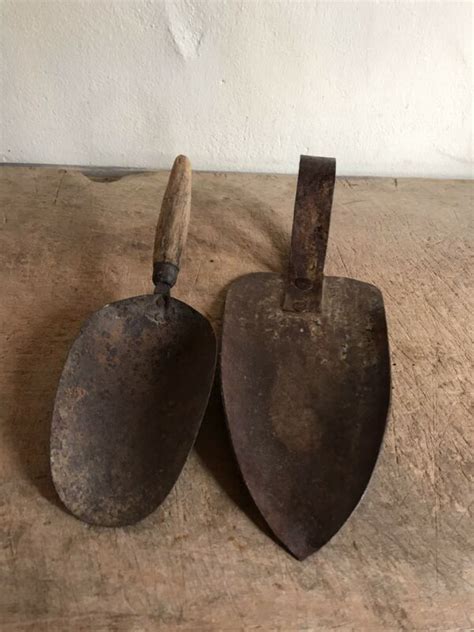 2 Big Old Vintage Country Garden Shovels Spade Metal Wooden Patina Aafa