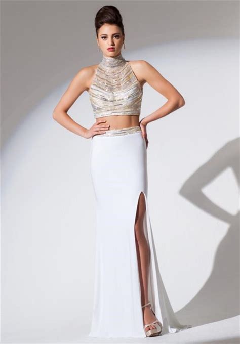 High Neck Two Piece White Chiffon Beaded Sequin Long Evening Prom Dress