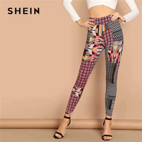 shein multicolor casual solid geometric high waist patchwork print long leggings autumn leisure