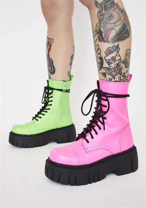 Club Exx Mismatched Combat Boots Neon Pink Neon Green Combat Boots
