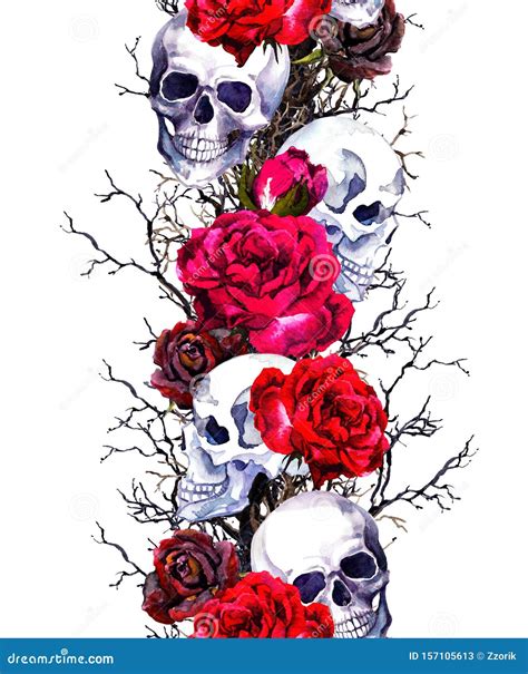 Human Skulls With Rose Flowers Branches Seamless Border Frame For