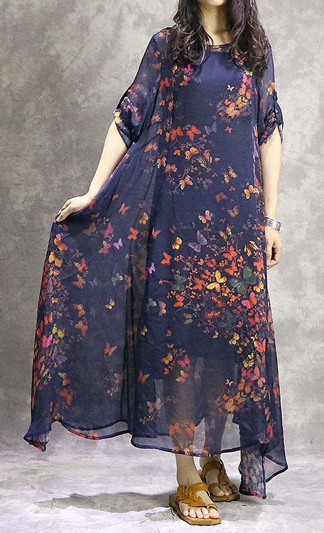 Handmade Short Sleeve Silk Tunics Casual Pattern Blue Prints Robe Dress