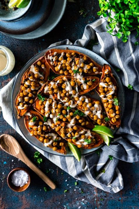 Double Baked Sweet Potatoes Stuffed With Moroccan Spiced Chickpeas