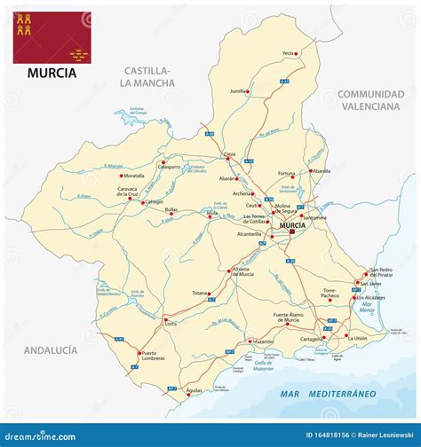 Road Map Of The Spanish Region Murcia With Flag Vector Illustration