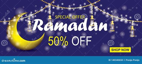 Ramadan Kareem Sale Banner Horizontal With Crescent Moon And Lanterns