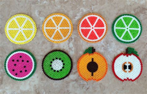 Set Of 8 Fruit Themed Perler Bead Coasters 15 00 Lemon Orange