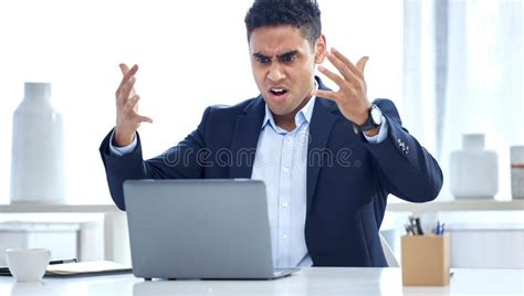 Laptop Glitch And Angry Business Man With Problem Fail And Crisis In