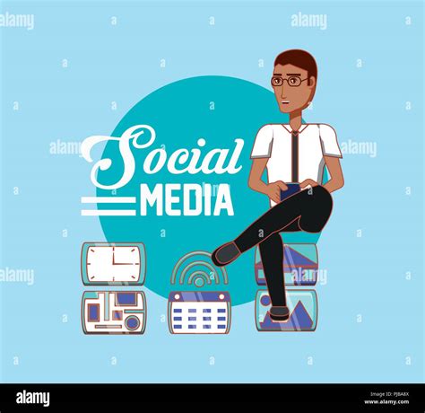 Man With Glasses Using Smartphone Web Apps Social Media Vector