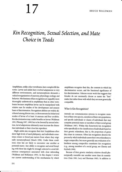 Pdf Kin Recognition Sexual Selection And Mate Choice In Toads