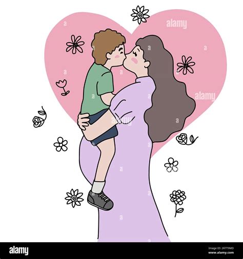 Madre Besando Hijo Línea Arte De Dibujos Animados Ilustración Vectorial