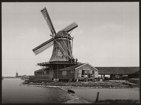 Vintage Historic Bandw Photos Of Dutch Windmills In 19th Century
