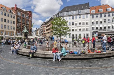 Playing With Fountain Water In Kultorvet Square Copenhagen Editorial