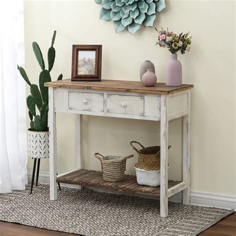 Luxenhome Distressed White And Wood 2 Drawer 1 Shelf Console And Entry