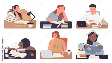 Bored Students Study Vector Illustration Set Isolated Cartoon Young