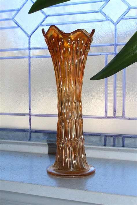 Tall Carnival Glass Vase Marigold Northwood Tree Trunk Antique 1910s