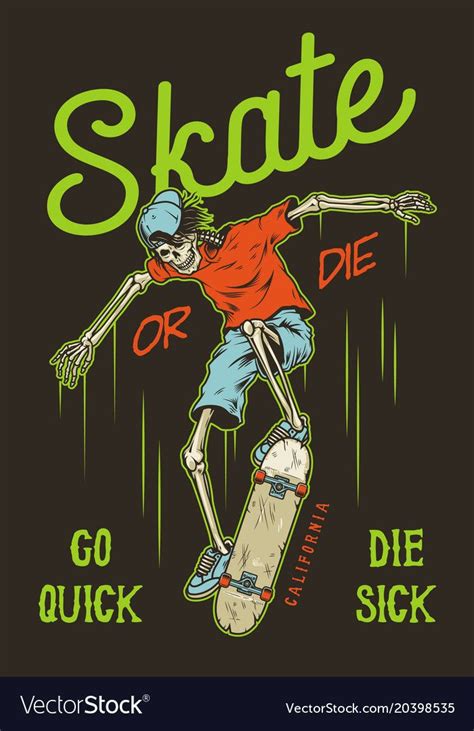 Vintage Skateboarding Poster With Skeleton Vector Colour Illustration