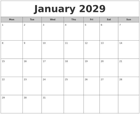 January 2029 Free Monthly Calendar