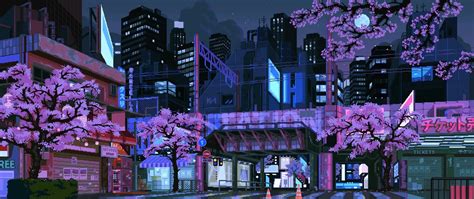 Download 1920x1080 Sakura Blossom Pixel Art Skyscrapers Town