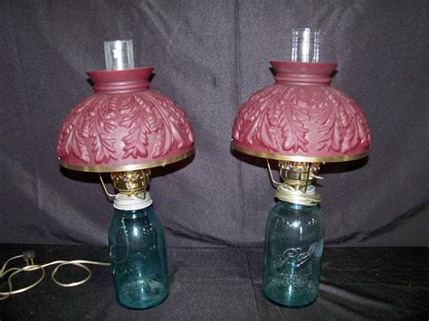 Lot Pair Of Mason Jar Lamps With Brown Glass Shades
