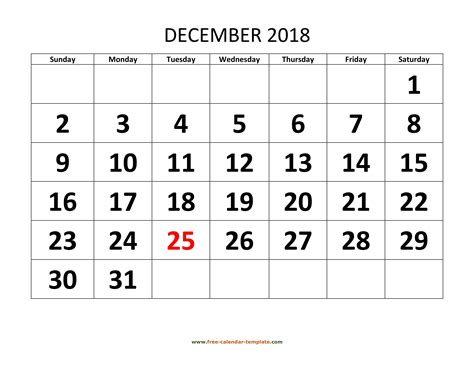 December 2018 Calendar Designed With Large Font Horizontal Free