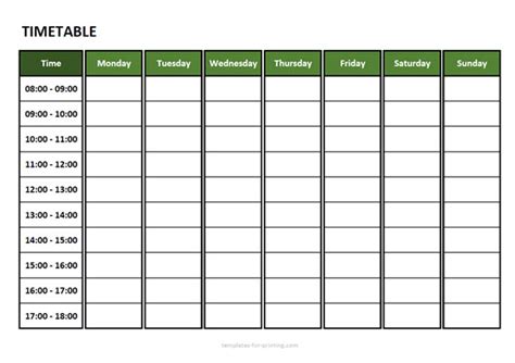 Timetable From Monday To Sunday Templates For Printing