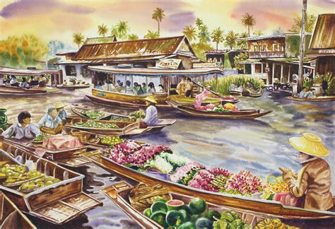 Wat Sai Floating Market In 2021 Thailand Art Original Watercolor