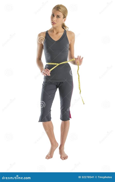 Frustrated Woman Holding Tape Measure Around Waist Stock Image Image