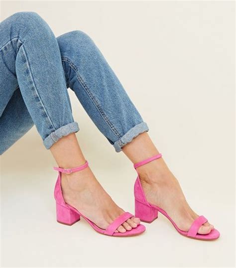 Bright Pink Suedette Mid Heel Ankle Strap Sandals New Look Ankle