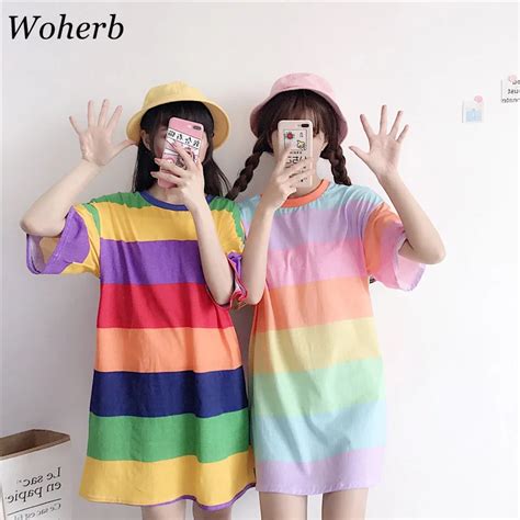 Woherb Harajuku Summer T Shirt Women Kawaii Rainbow Shirts Striped Printed Tops 2019 Best Friend