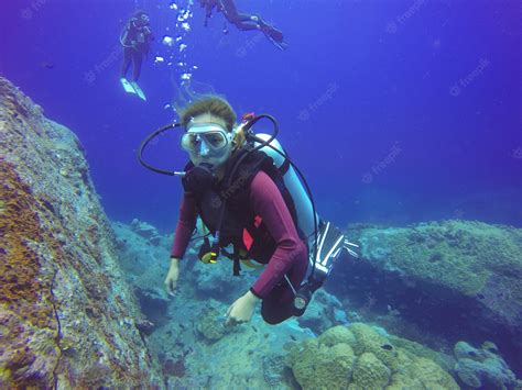 Free Photo Underwater Scuba Diving Selfie Shot With Selfie Stick Deep Blue Sea Wide Angle Shot