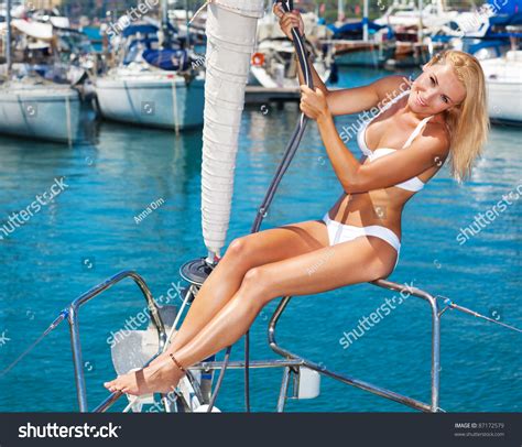 Happy Female Tourist Having Fun On Sailboat Summertime Sailing Vacation Beautiful Woman
