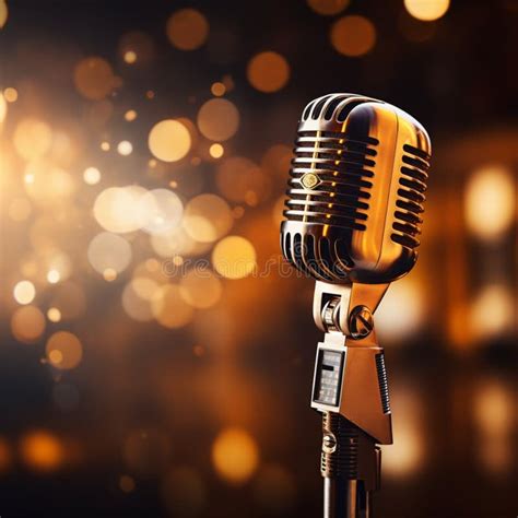 Spotlight On A Retro Microphone Stage With Bokeh Music Concept Stock